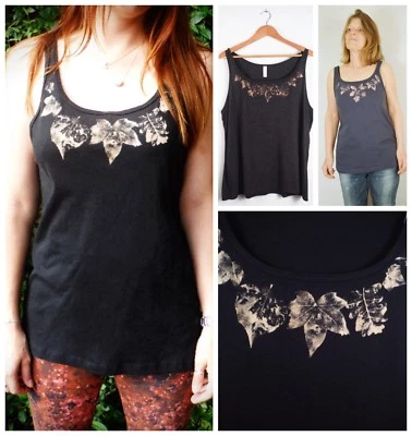 Leaf Printed Bleach Ladies Vest Top Relaxed Fit Hand Made by Bare Canvas - Image 1 of 4