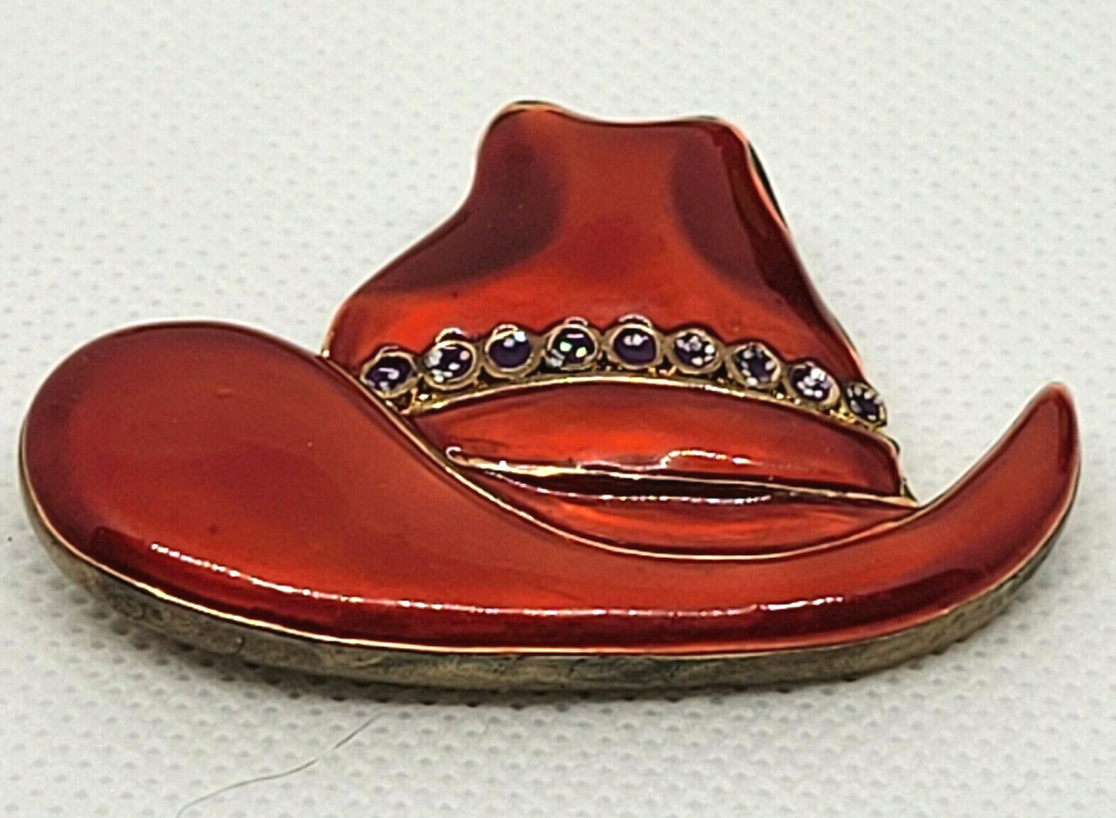 Cowgirl Hat Red & Purple Enamel on Gold Tone Metal Pin Brooch