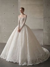 Long Sleeves Fluffy Wedding Dress Beach Off Shoulder Lace Appliques Extra Large