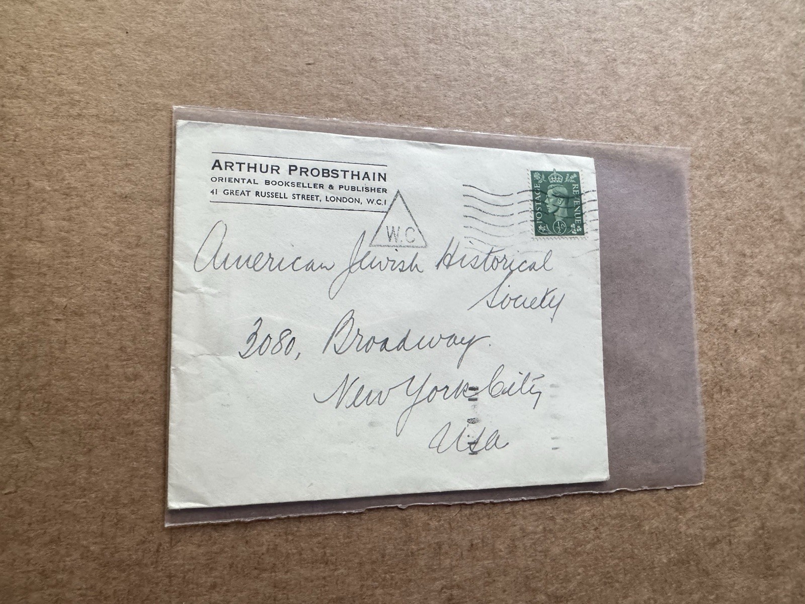 UK WWII Cover to US Jewish Historical Society +WC Chop+Arthur Probsthain+Undated