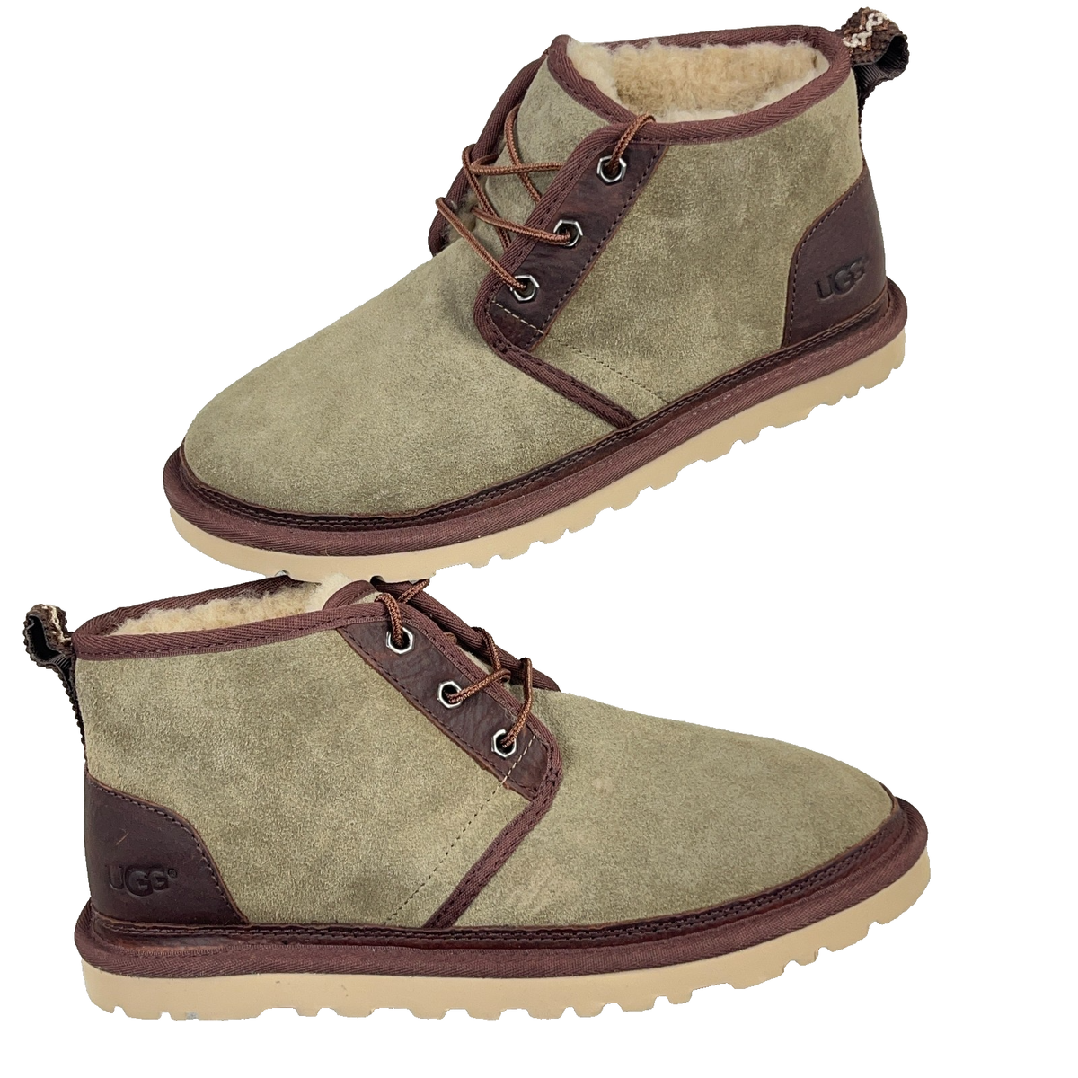 UGG Neumel Taupe 2-Tone Brown Leather Trim Suede Fur Boots 