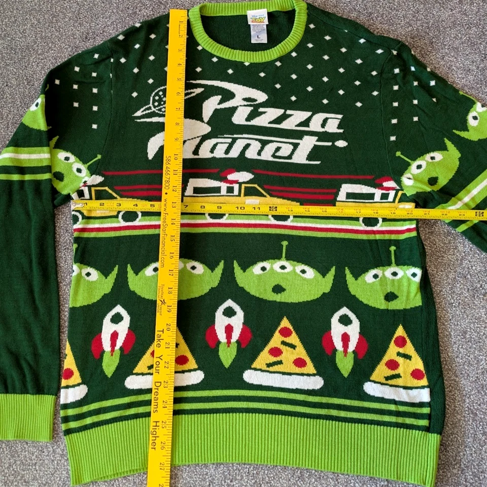 Disney Pixar Pizza Planet Suéter Aliens Verde Adulto Grande Cohetes Navidad Foto 4 de 4