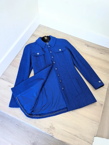 Giacca tweed CHANEL vintage autunno 1997 passerella blu cobalto CC FR36