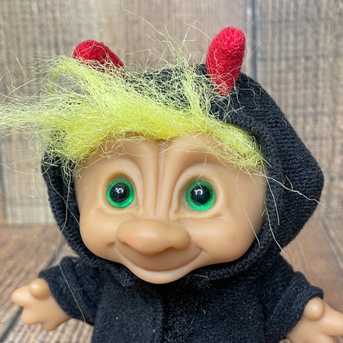 Vintage Ace Novelty Treasure Troll 5.5” Yellow Hair Green Eyes Halloween Devil - Picture 2 of 11