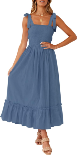 Blue Smocked Bodice Tie Strap A Line Maxi Dress * Size Medium BRAND NEW w/TAGS
