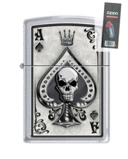 Zippo 4858 Ace of Spades Skull Satin Chrome Finish Lighter + FLINT PACK