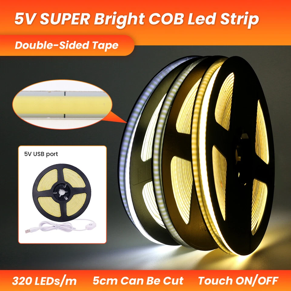 5V 12V COB LED Strip Lights 5mm Thin 320Leds/m Bar TV Back Lighting Kitchen Room - Image 4 of 4