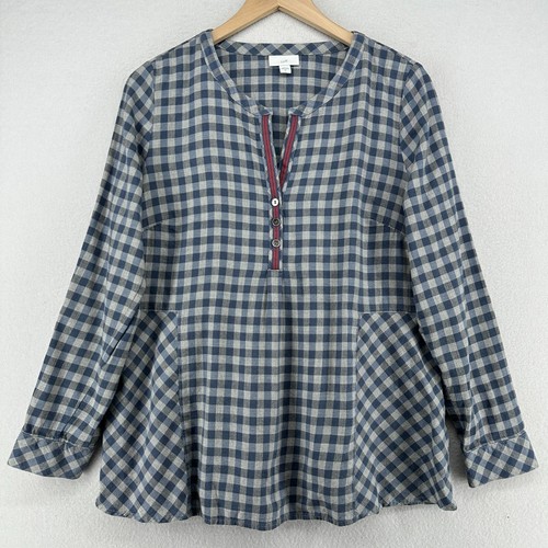 J.JILL Top M Flanell Karo kariert Gingham Popover Henley Swing Langarm blau