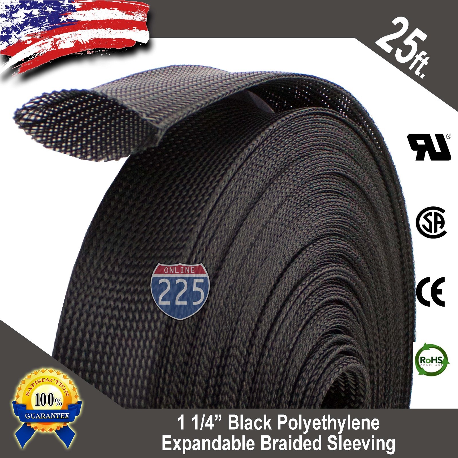 25ft Black Expandable Braided Cable Sleeve 1-1/4