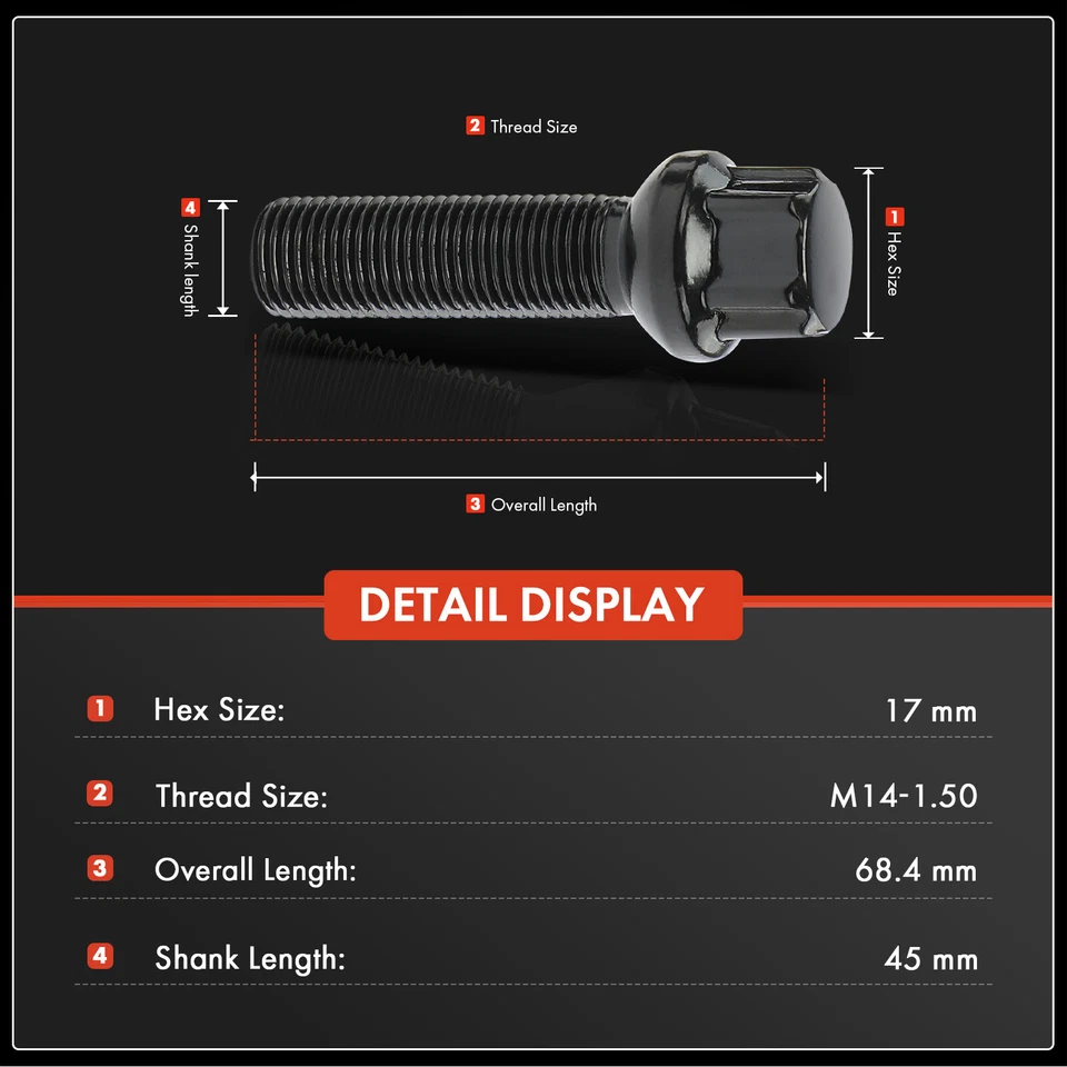4x M14x1.5 毫米六角黑色车轮锁螺栓和 1x 钥匙适用于梅赛德斯-奔驰 S350 S400 — 第 2/4 张图片