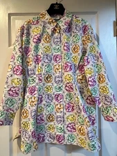 CHANEL BOUTIQUE 98S ECRU BLOUSE DRESS TOP  MULTICOLOR CAMELLIAS CC LOGO  FR42-40