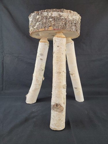 Handmade Real Birch Wood 3 Legged Stool Cabin Furniture Deer w Antlers Buck 18"H - Picture 2 of 16