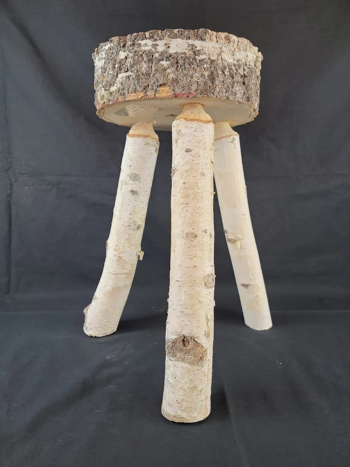 Handmade Real Birch Wood 3 Legged Stool Cabin Furniture Deer w Antlers Buck 18"H - Image 2 of 4