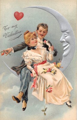VALENTINE EMB PC, MAN & WOMAN SITTING ON SILVER MOON, PFB PUB #6859 ...