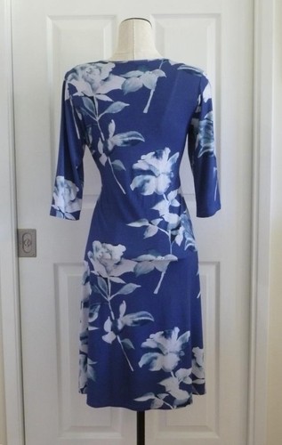 Soft Surroundings Navy White Artsy Roses V-Surplice Ruched Jersey Dress S M EUC - Picture 3 of 12