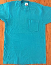 Vtg Fruit of the Loom Pocket T Shirt M/L Selvedge 80s 90s USA Made Turquoise