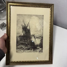 Antique Hedley Fitton "Ancient Landmarks" Original Etching Signed 2 Windmills