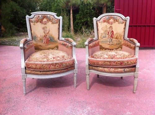 Rare paire De Bergères D’époque Louis XVI - Photo 6/6