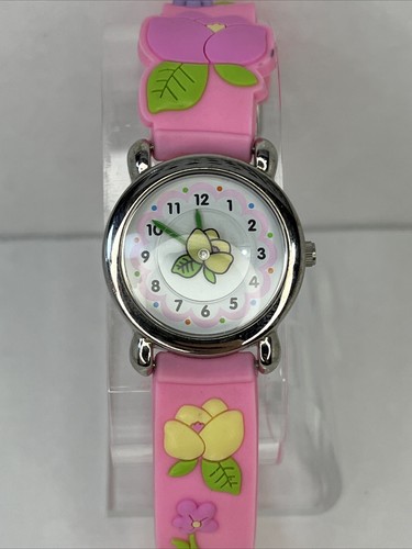 Reloj de cuarzo con flores para niñas correa rosa esfera floral giratoria - batería nueva - Imagen 2 de 7