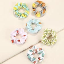 6pc Fruit Print Scrunchies - Elastic Stretchy - Lemons Strawberries Kiwis 6pcs