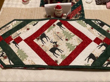 Christmas "Deer in the Forest" REVERSIBLE Quilted Table Runner 13inx36 in Var 3