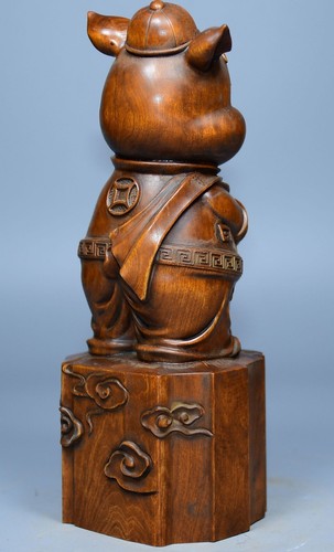 Chinese Boxwood Wood Carving Struggle Pig Statue Home Decor Nice Art Work Gift - Picture 8 of 15