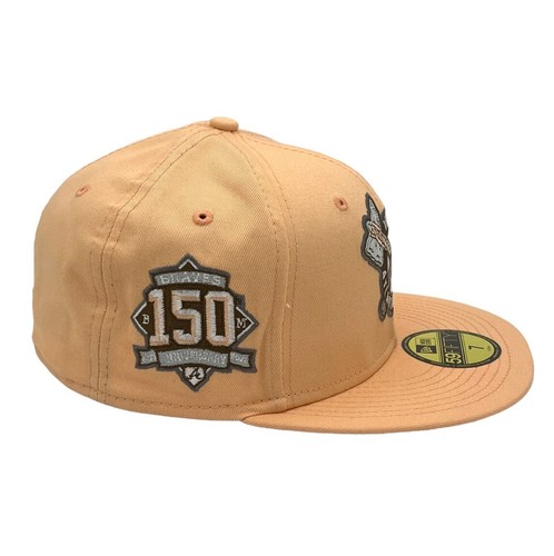 New Era Atlanta Braves 59FIFTY Fitted Hat 150 Year Side Patch Peach Size 7 1/2 - Picture 3 of 5