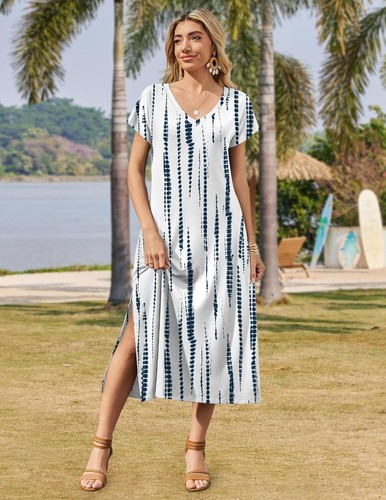 Summer Floral V-Neck Maxi Dress Short Sleeve Casual Beach Dress with Pockets - Picture 52 of 109