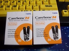 100 CARESENS N GLUCOSE TEST STRIPS,2 BOXES OF 50, EXP 4-26, GOOD SEALED BOXES