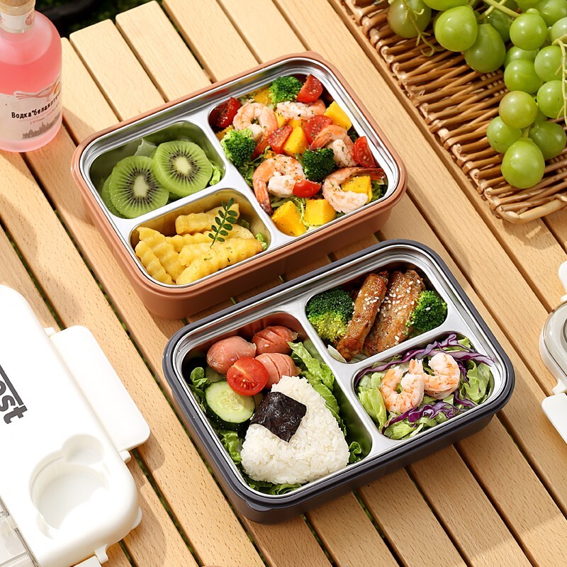 Bento box stainless steel, lunch box with 3 compartment,utensils/Sauce Jar 900ML