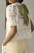 NEW $ 98 DOLAN ANTHROPOLOGIE Puff-Sleeve white  lace green bow top sheer XS
