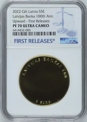 Latvia 5 Euro 2022 Silver Gilt Coin Latvijas Banka 100th Anni Upward NGC PF70 FR