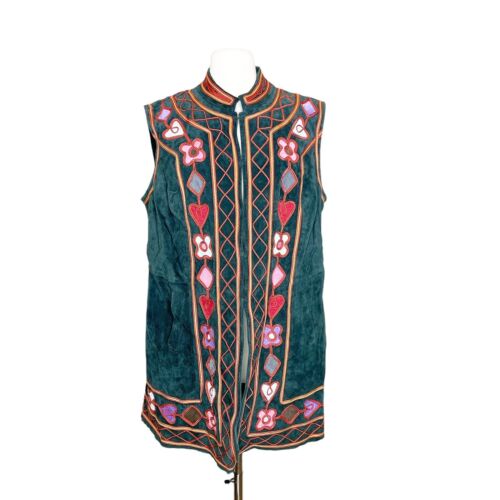NEW Vintage 1X Adrienne Landau Green Suede Vest Embroidered Duster Jacket Boho