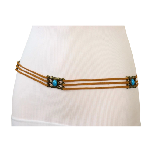 Mujer Marrón Imitación Ante Vintage Cinturón Oro Dije Azul Turquesa Beads M L XL - Imagen 14 de 24