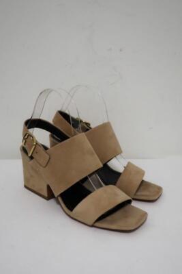 Celine Slingback Sandals Beige Suede Size 38.5 Open Toe Block Heel 
