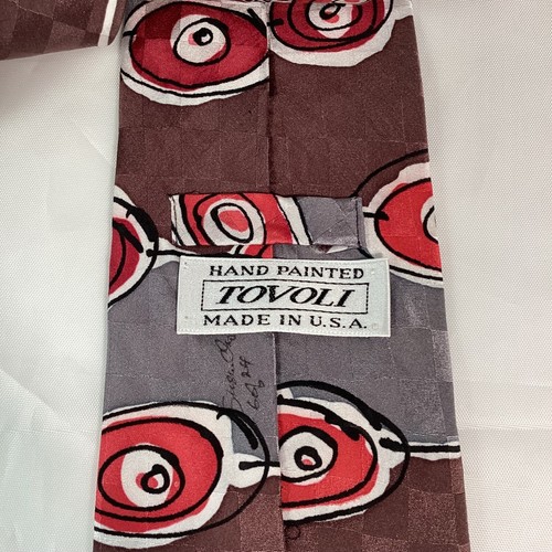 Tovoli Handpainted 100% Silk Necktie Brown Gray White Red Abstract Signed ~3.75" - Picture 5 of 6