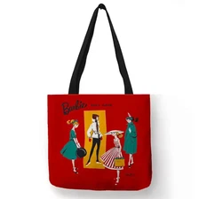 13x13 60's Vintage Red Barbie Trunk Linen Tote Shoulder Weekender Library Bag