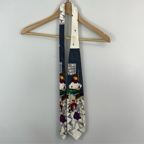 Vintage 1992 Looney Tunes Silk Tie Pool Billiards Bugs Bunny Foghorn Daffy Elmer - Picture 3 of 7