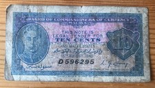 1940 Malaya 10 Cents banknote featuring a portrait of King George VI