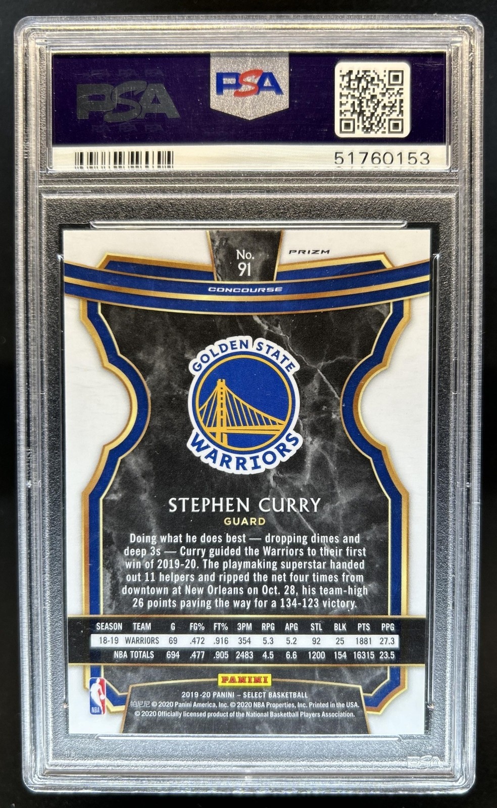 2019-20 Panini Select Stephen Curry Zebra Prizm SSP Concourse #91 PSA 10 view 2