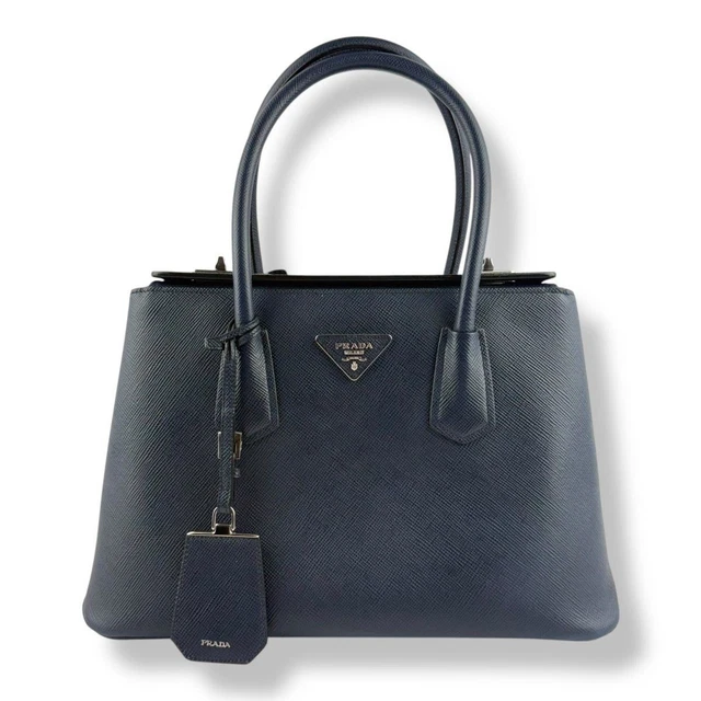 Prada Medium Double Tote Saffiano Navy Medium Leather Tote Handbag