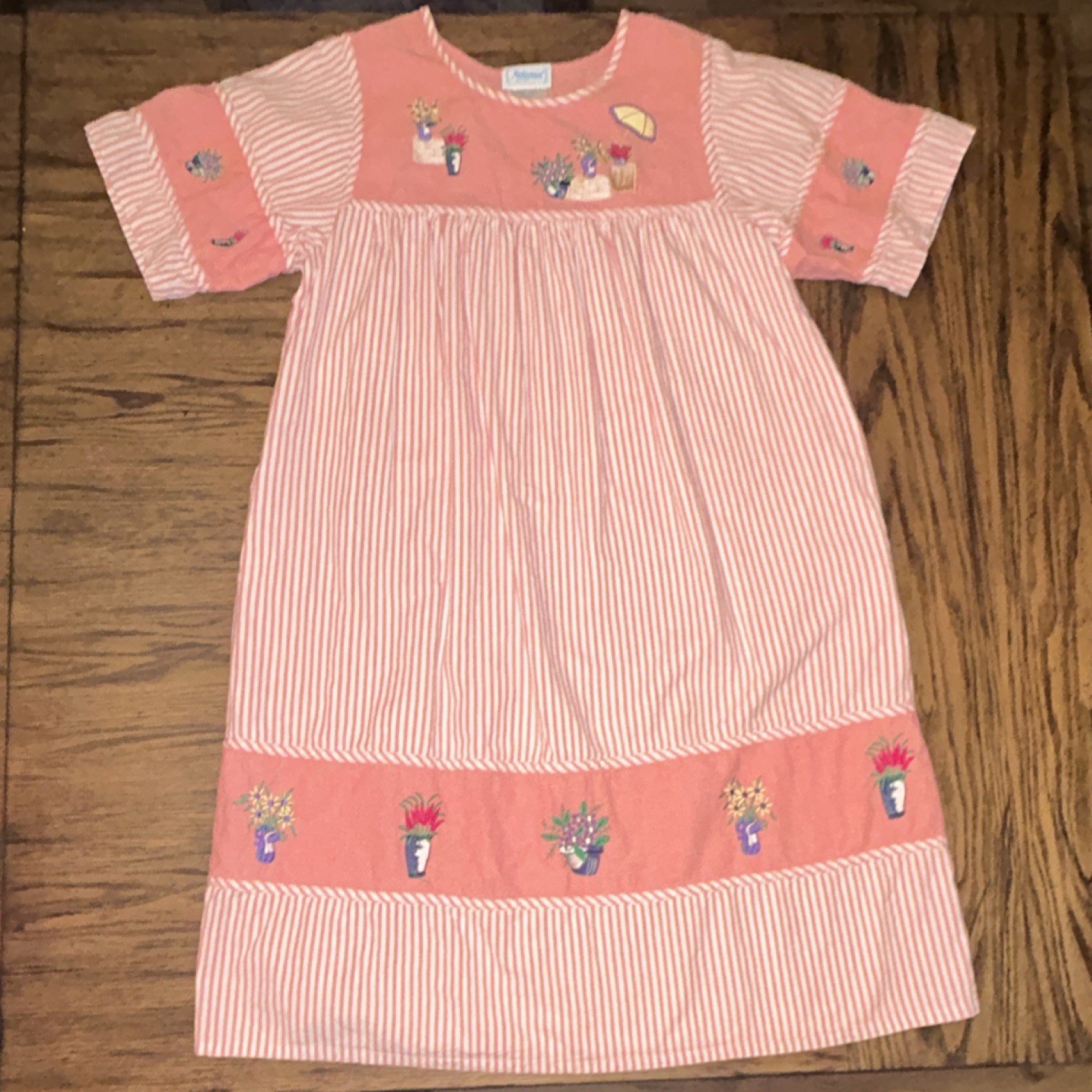 National Pink White Striped Embroidered Floral Cotton Nightgown L Short Sleeve