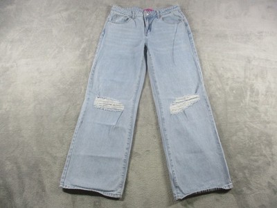 Edikted Jeans Womens M Light Wash Mid Rise Wide Leg Distressed Denim Blue