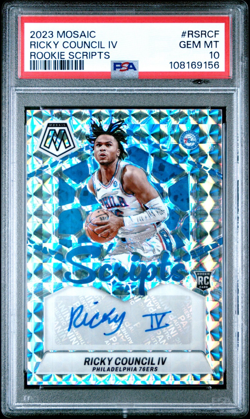 PSA 10 - RICKY COUNCIL IV Auto - 2023 Mosaic Rookie Scripts RC Autograph - 76ERS