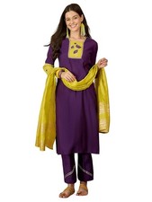 Women's Silk Blend Embroidered Straight Kurta Pant with Dupatta Set