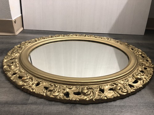 Antique VTG Ornate Carved Wood Oval Wall Mirror Gold Gilt Scroll 23.5 X 27.5 - Picture 20 of 22