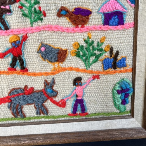 VTG Latin American 3D Folk Art Embroidery Framed Village 21”x17” Boho Wall Art - Picture 7 of 17