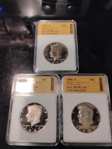 1972-S, 1980T1-S, 1986-S, Kennedy Half Dollar set  Slab PR70