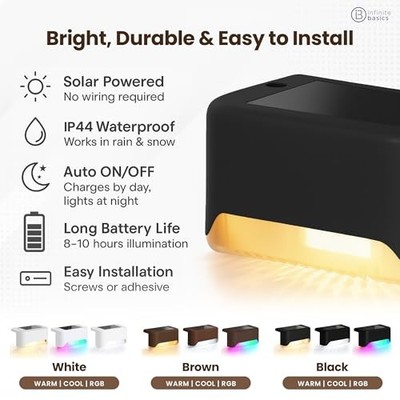 INFINITE BASICS 8-PACK SOLAR LED DECK & STEP -  BLACK SHELL/RGB LIGHT