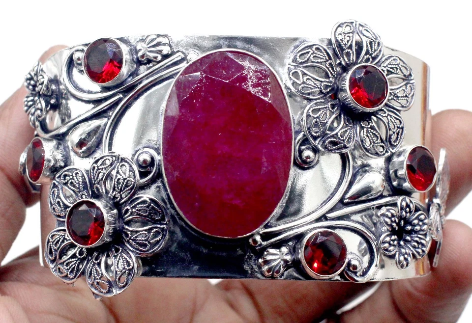 Pink Ruby&Garnet Gemstone 925 Sterling Silver Jewelry Cuff Bracelet Adjustable - Image 3 of 4